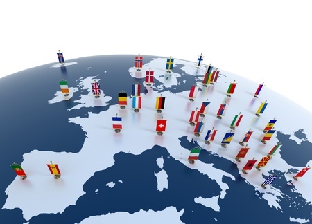 12557547 - european countries 3d illustration - european continent marked with flags