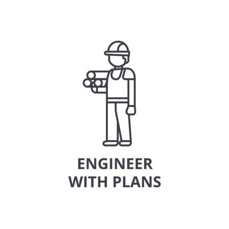 engineer with plans vector line icon, sign, illustration on white background, editable strokes
