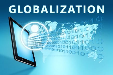 Globalization - text with social icons and tablet computer on blue digital world map background. 3D Render Illustration.