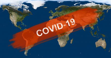 Coronavirus epidemic, word COVID-19 on global map. Novel coronavirus outbreak in China. The spread of corona virus in the World. COVID-19 infection concept. Elements of this image furnished by NASA.