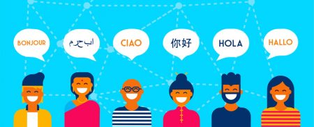 Diverse group of people talking in different languages. Multi cultural team concept illustration ideal for web banner. EPS10 vector.